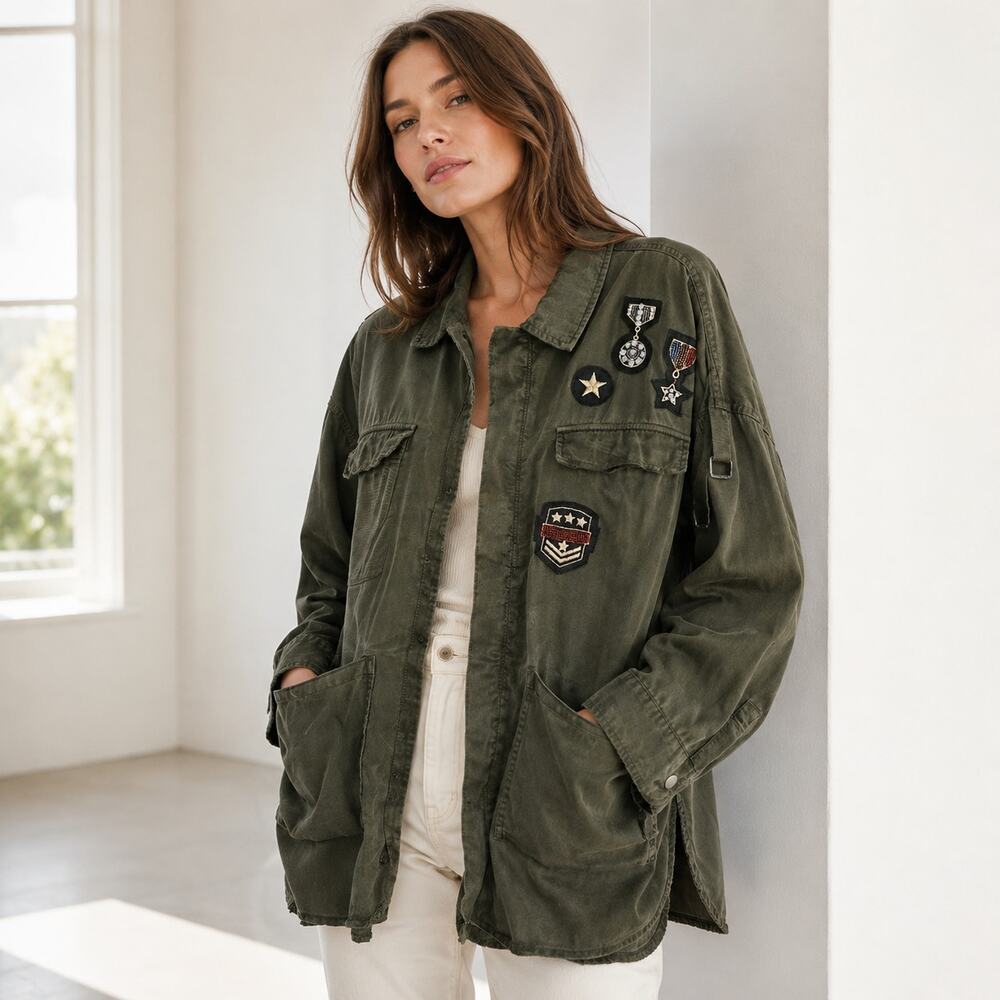 Free People Military Medal Patch Utility Jacket Small Olive Oversized Tencel